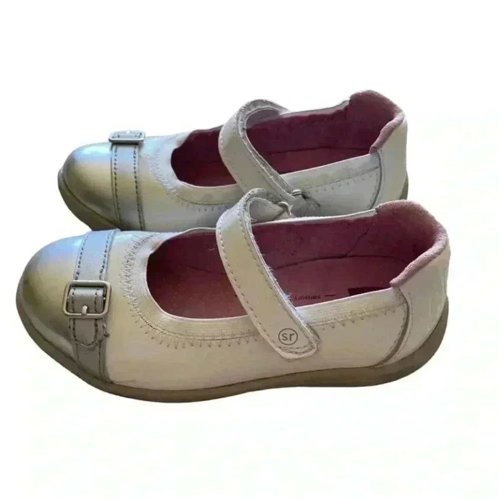 Stride Ride Chandra White Silver Patent Leather Mary Jane Shoes Toddler SZ 9.5